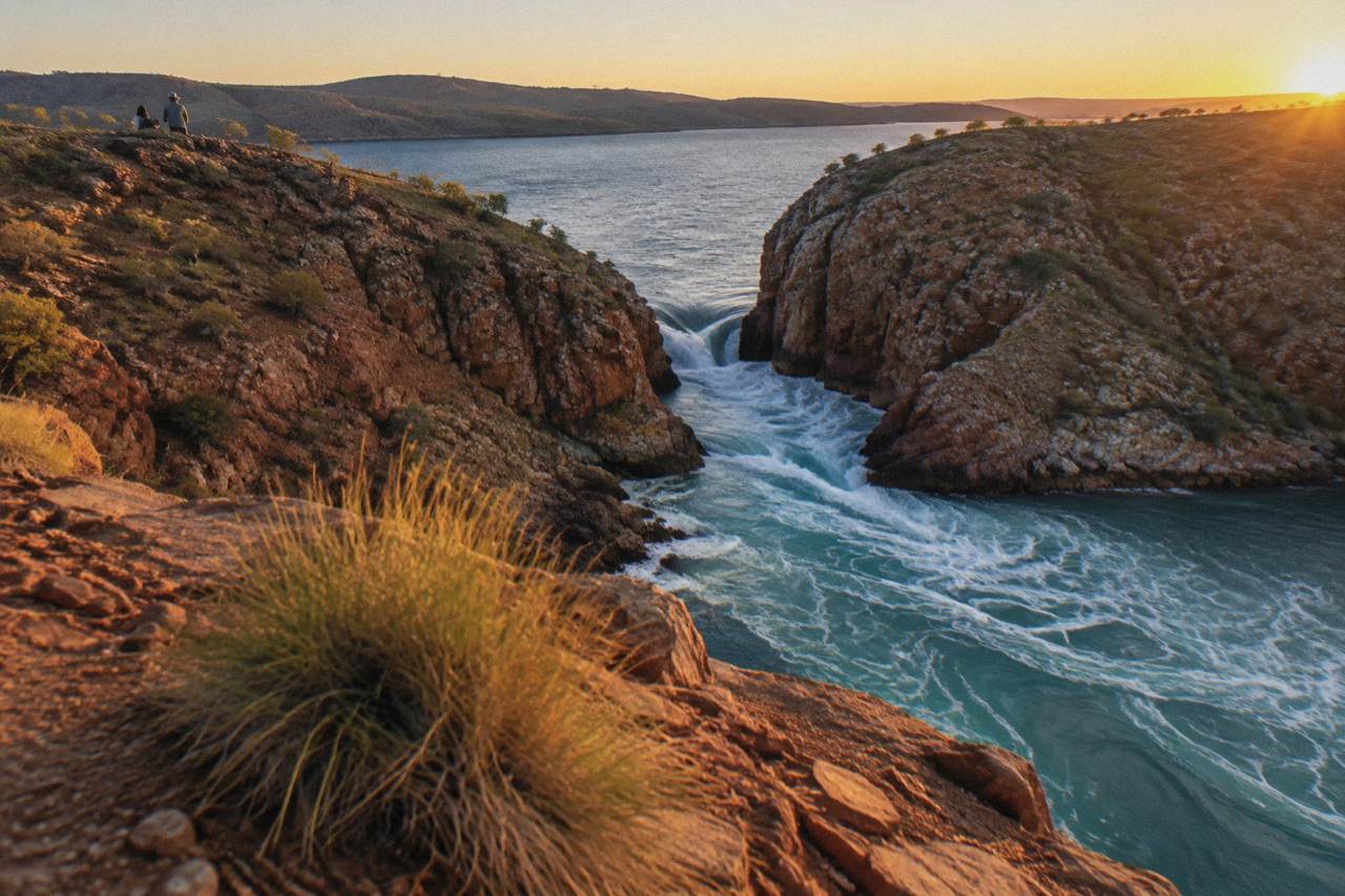Turbulent water rushing through a narrow coastal gorge between red rock cliffs under a clear sky