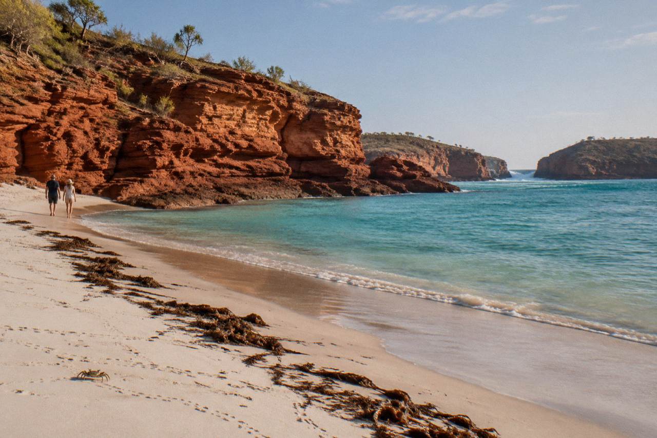 Red sandstone cliffs and turquoise water at Cape Leveque on the Dampier Peninsula coastline