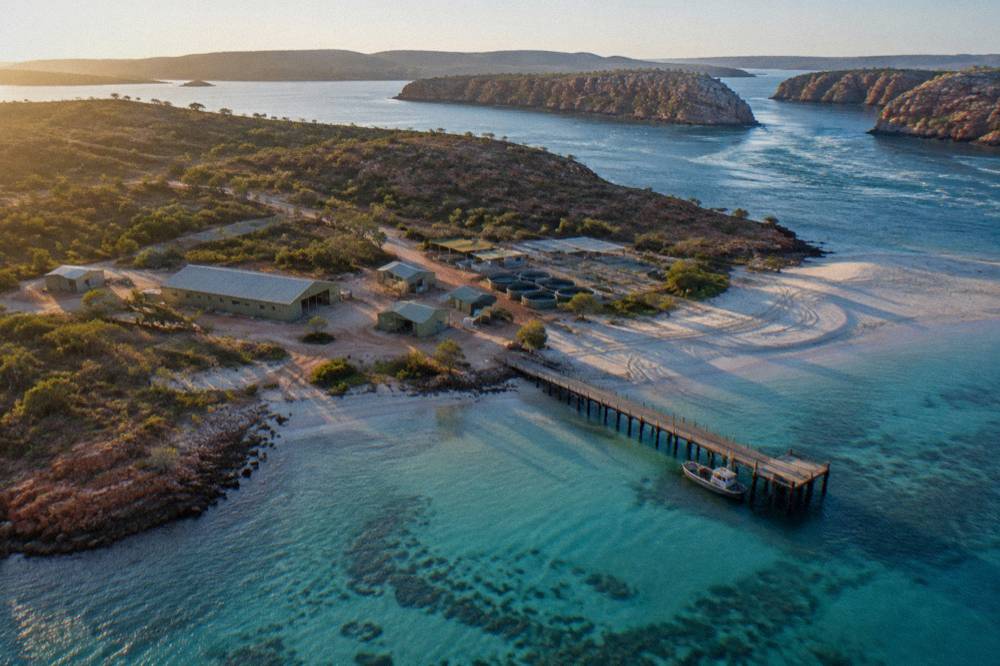 Aerial view of Cygnet Bay Pearl Farm, with buildings, jetty and turquoise water