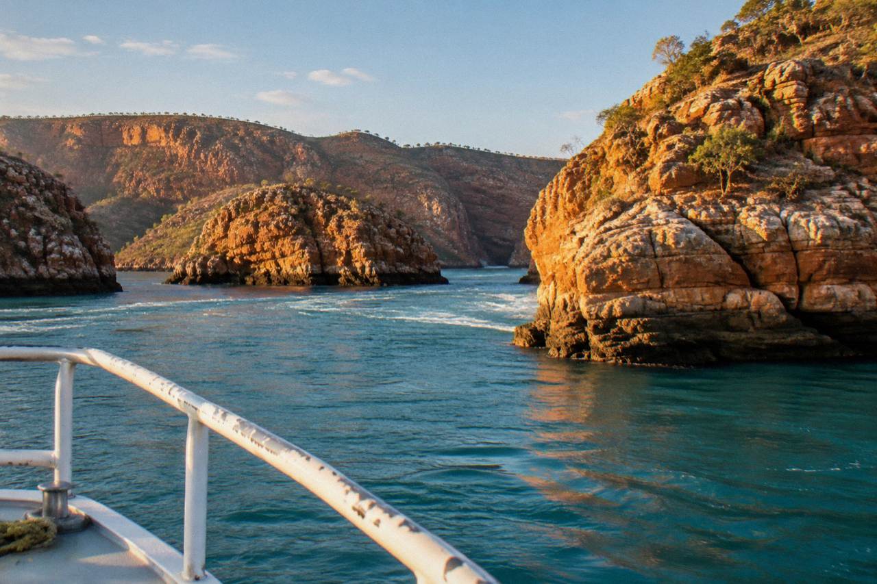 Red rock cliffs of the Kimberley coast rising above turquoise water dotted with islands