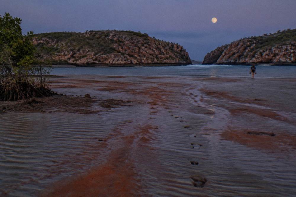 Exposed tidal flats of Roebuck Bay at dusk with a moon rising over the mudflats