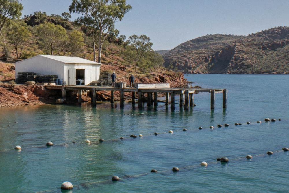 A white pearl-farm building beside a jetty on clear blue water at Cygnet Bay