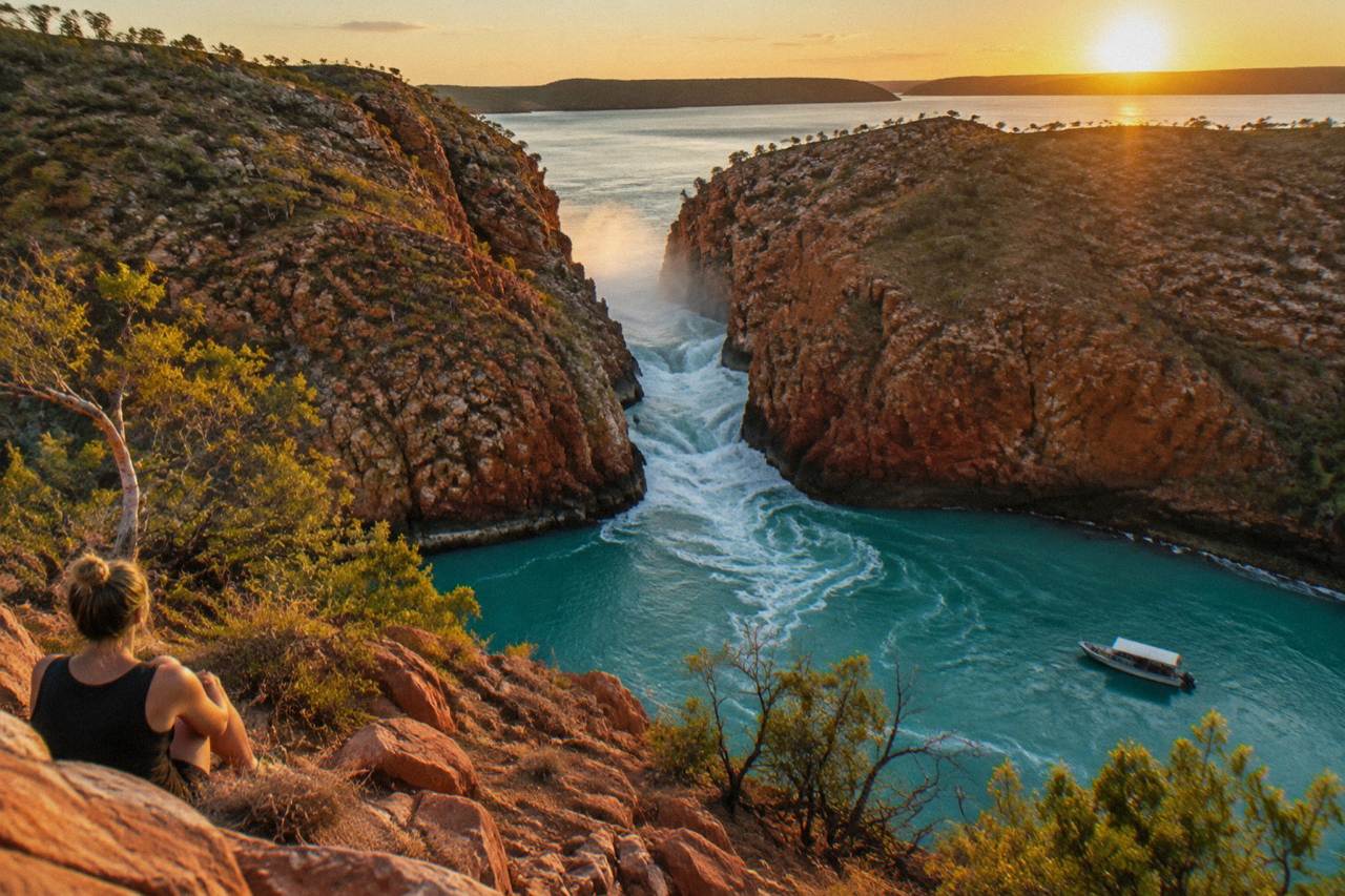 Turquoise water rushing through a narrow coastal gorge at sunset