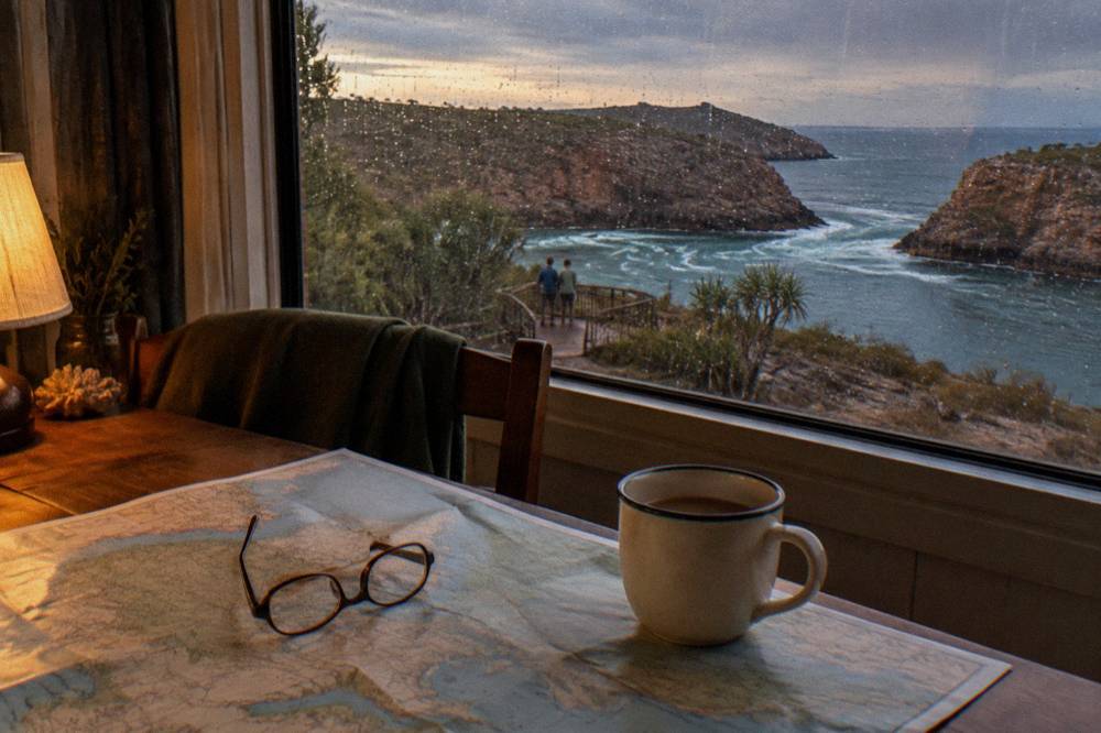 A printed price list for Broome tours sitting on a desk beside a map of the Kimberley coastline