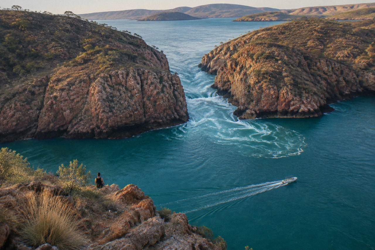 Aerial view of the Horizontal Falls at Talbot Bay with turquoise water rushing between dark rock cliffs