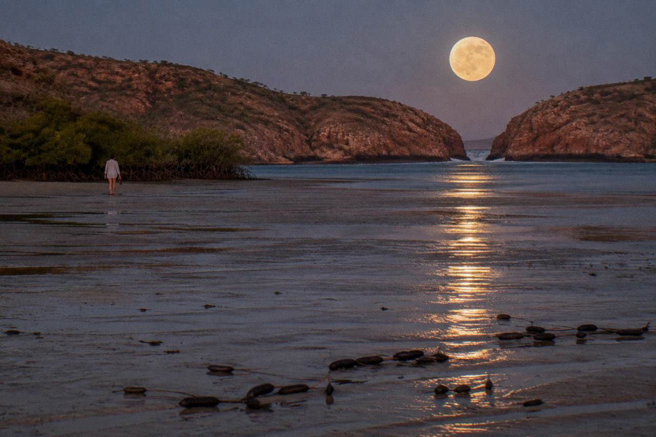Full moon rising over exposed tidal mudflats creating a golden reflection path across the water