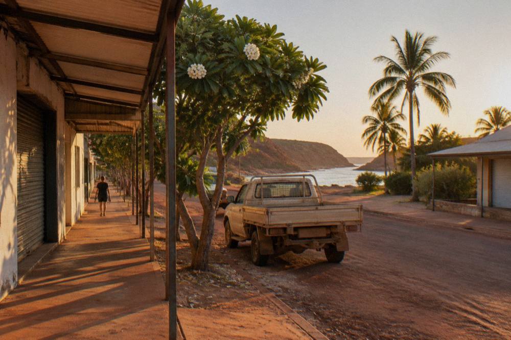 Palm-lined street in Broome at golden hour with low buildings and clear sky